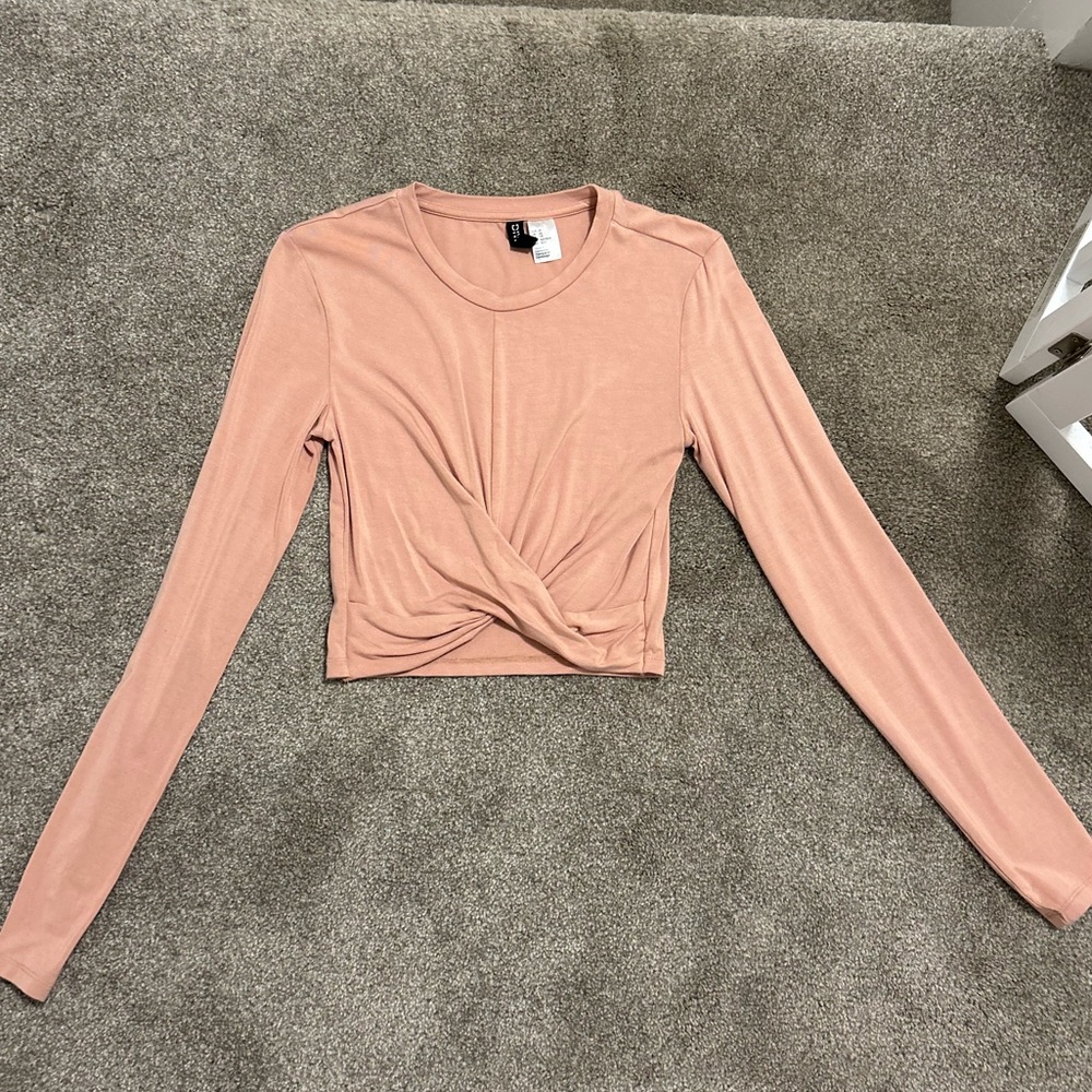 Pink Long Sleeve Twist Front Crop Top